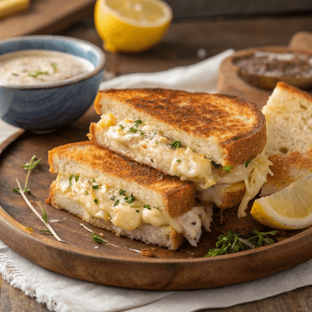 Close-up of Southern Maryland Grilled Cheese with a crispy exterior and melted cheese inside