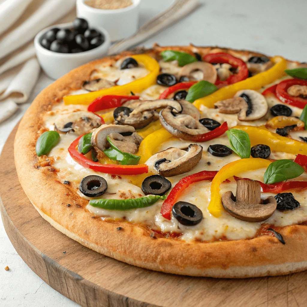 Vegetarian 14 inch pizza topped with mushrooms, olives, and bell peppers