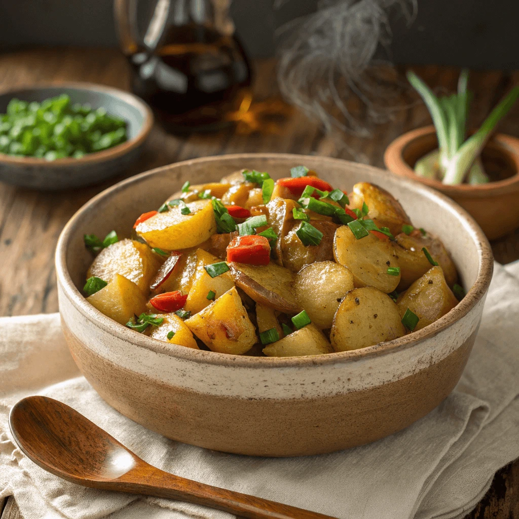 Close-up of a bowl of vegan smothered potatoes garnished with fresh herbs and green onions.