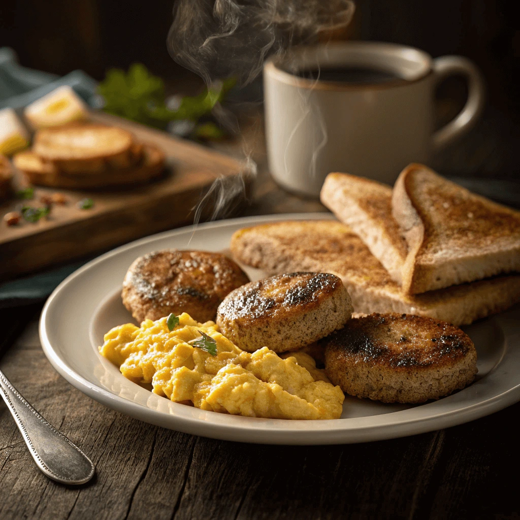 Delicious turkey sausage patties served on a plate with scrambled eggs and toast