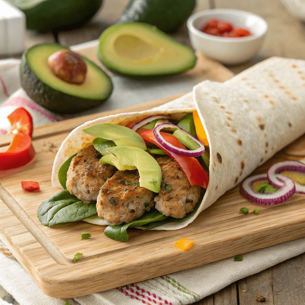 Turkey sausage patties crumbled and added to a breakfast wrap with avocado and veggies