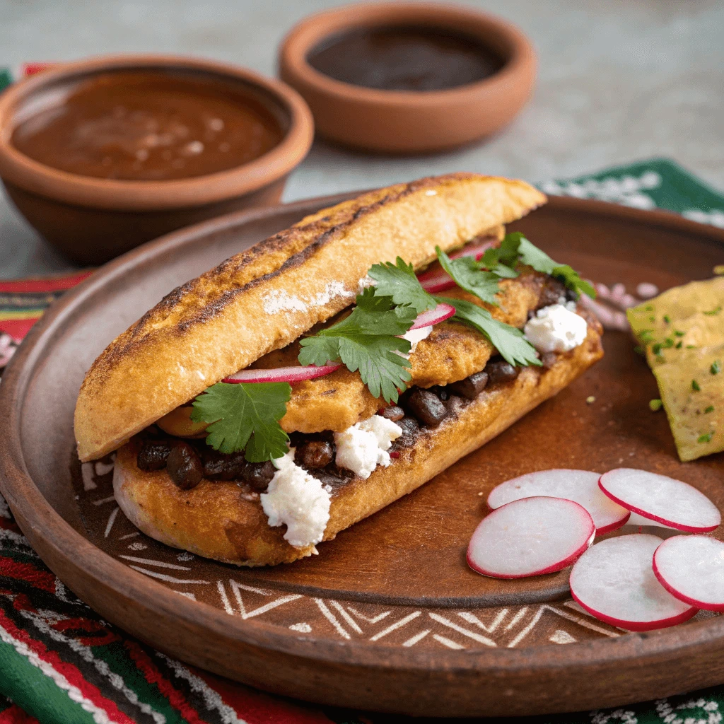 Freshly assembled Oaxacan plantain sandwich with savory toppings