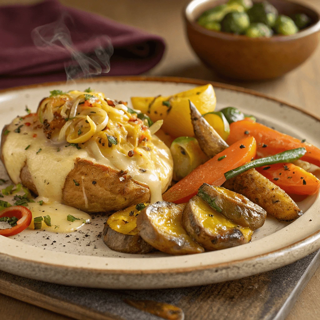 Smothered potatoes served with roasted vegetables, showcasing a hearty and flavorful side dish