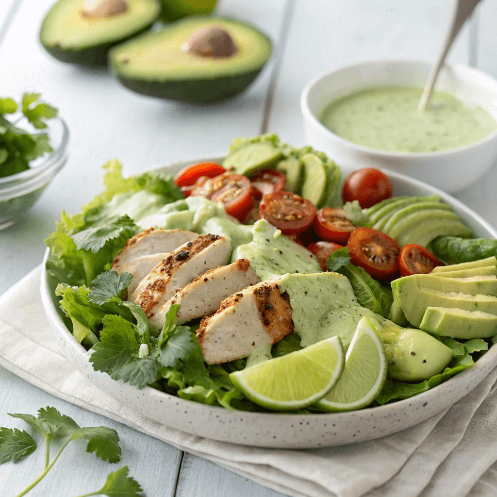 Creamy avocado lime ranch dressing drizzled over a salad.