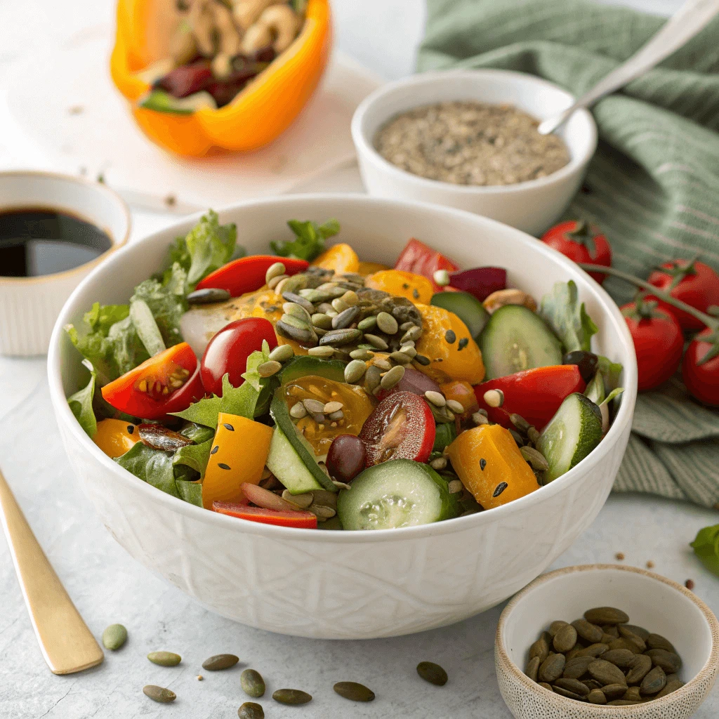 Fresh salad with raw pumpkin seeds sprinkled on top