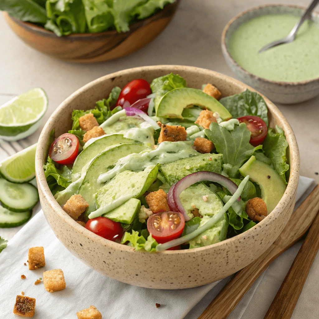 Pouring avocado lime ranch dressing over salad