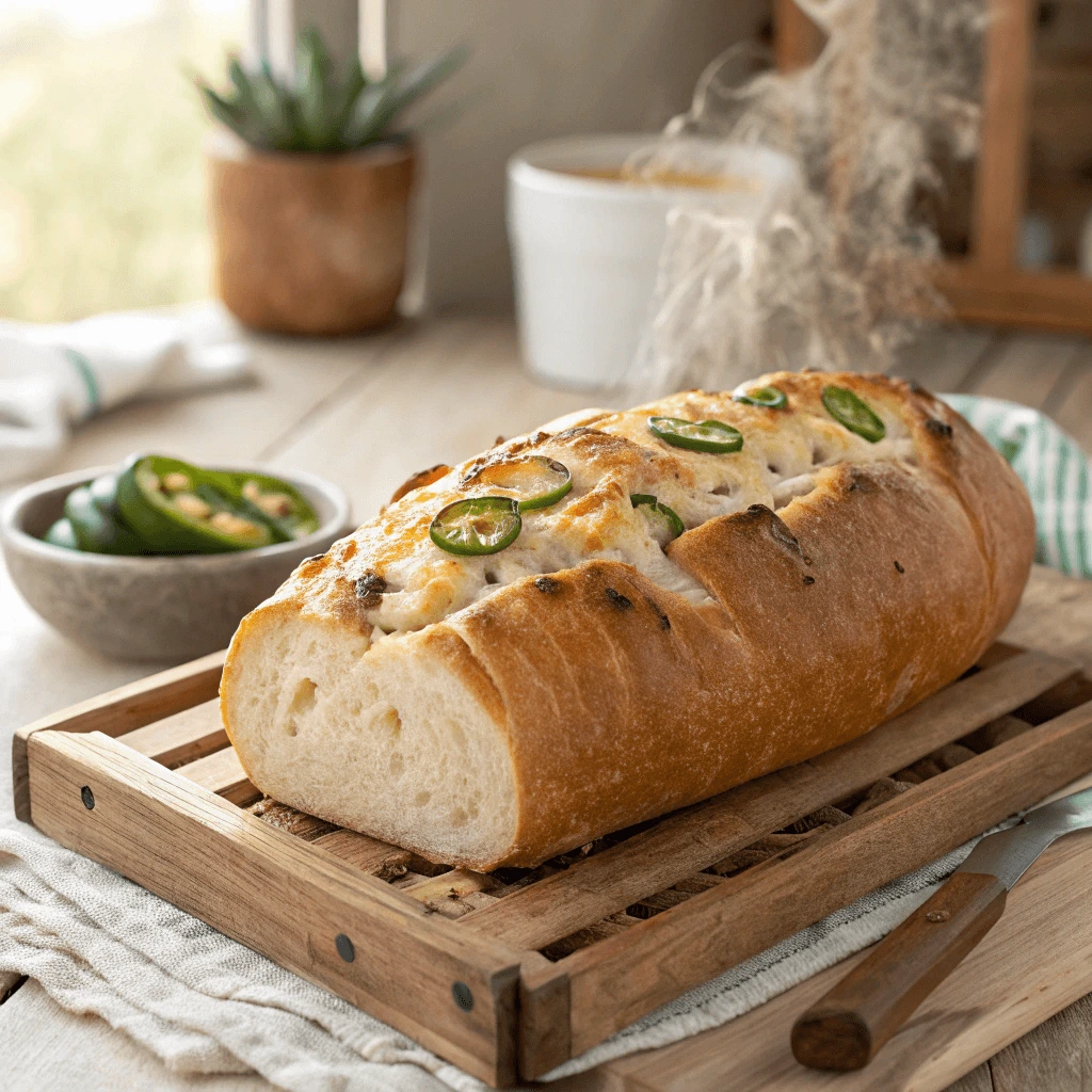 Freshly baked Vegan Jalapeno Cheese Artisan Bread on a cooling rack