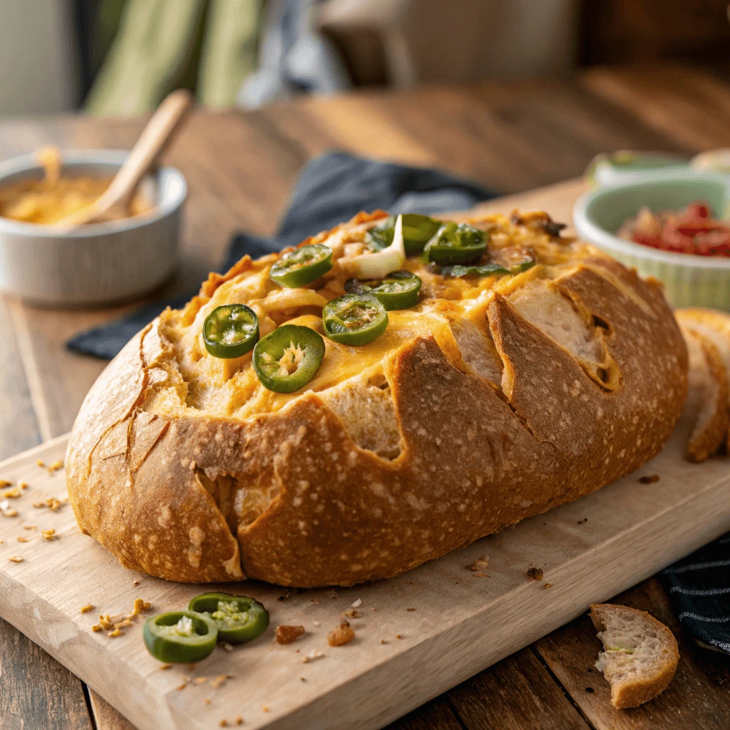 Vegan Jalapeno Cheese Artisan Bread with golden crust and melted cheese