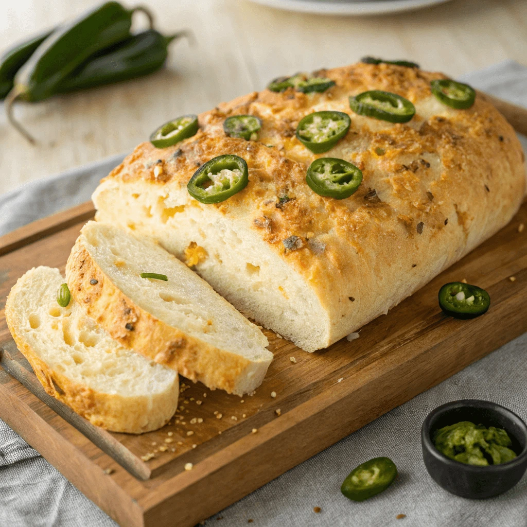 Freshly baked Vegan Jalapeno Cheese Artisan Bread with golden, crispy crust.