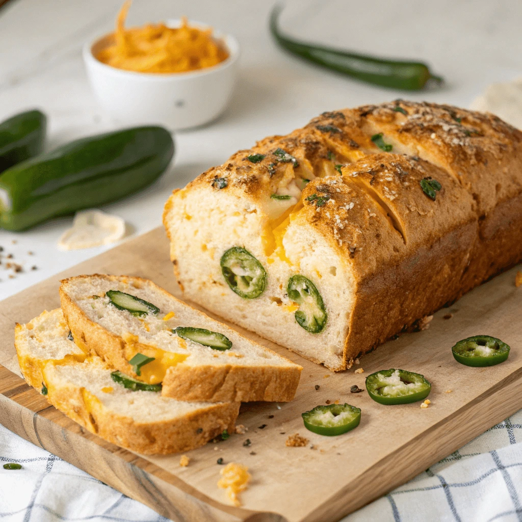 Sliced vegan jalapeno cheese bread showing melted vegan cheese