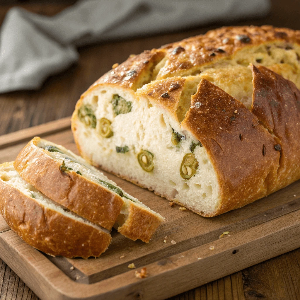 Vegan jalapeno cheese artisan bread on a wooden cutting board