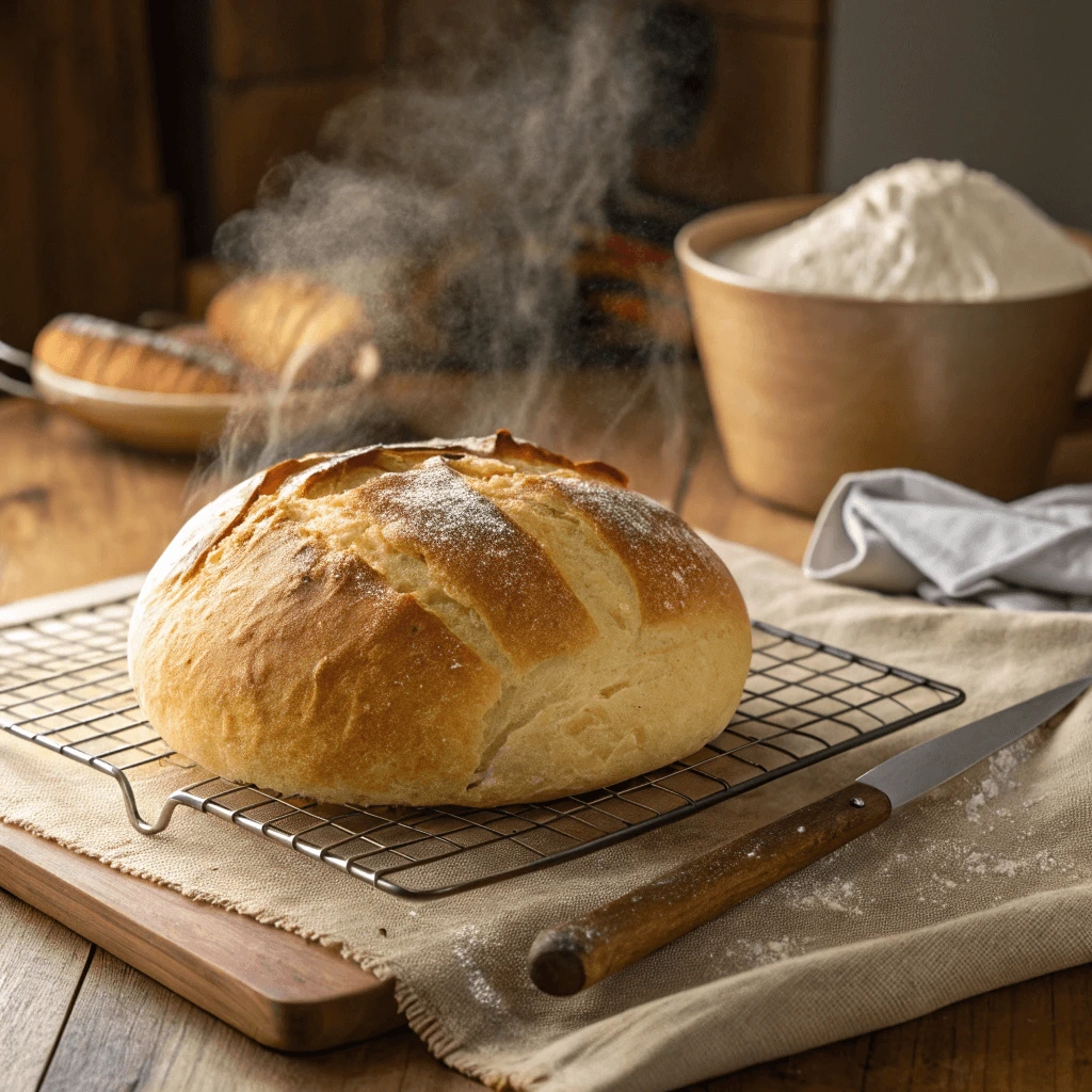 A golden, freshly baked loaf of bread on a cooling rack.