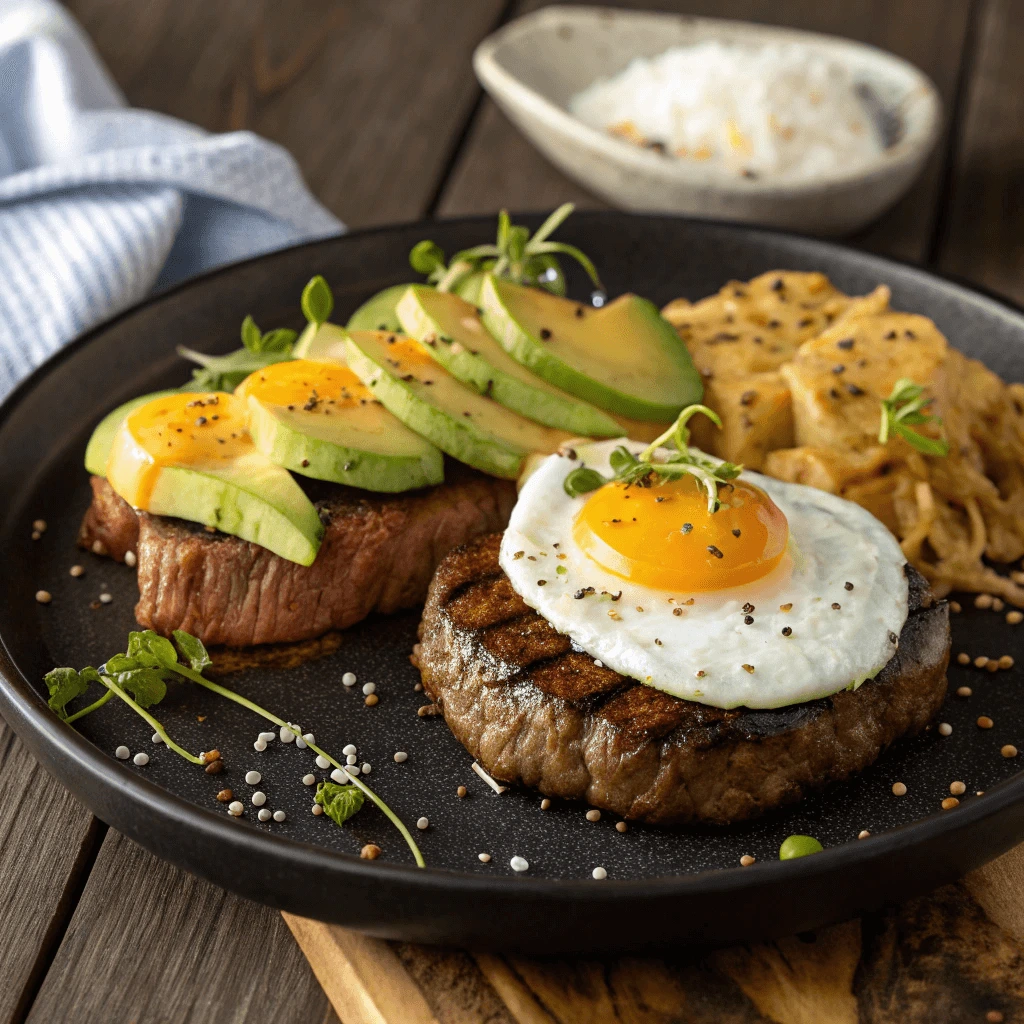  Seared steak with sunny-side-up eggs and fresh avocado.