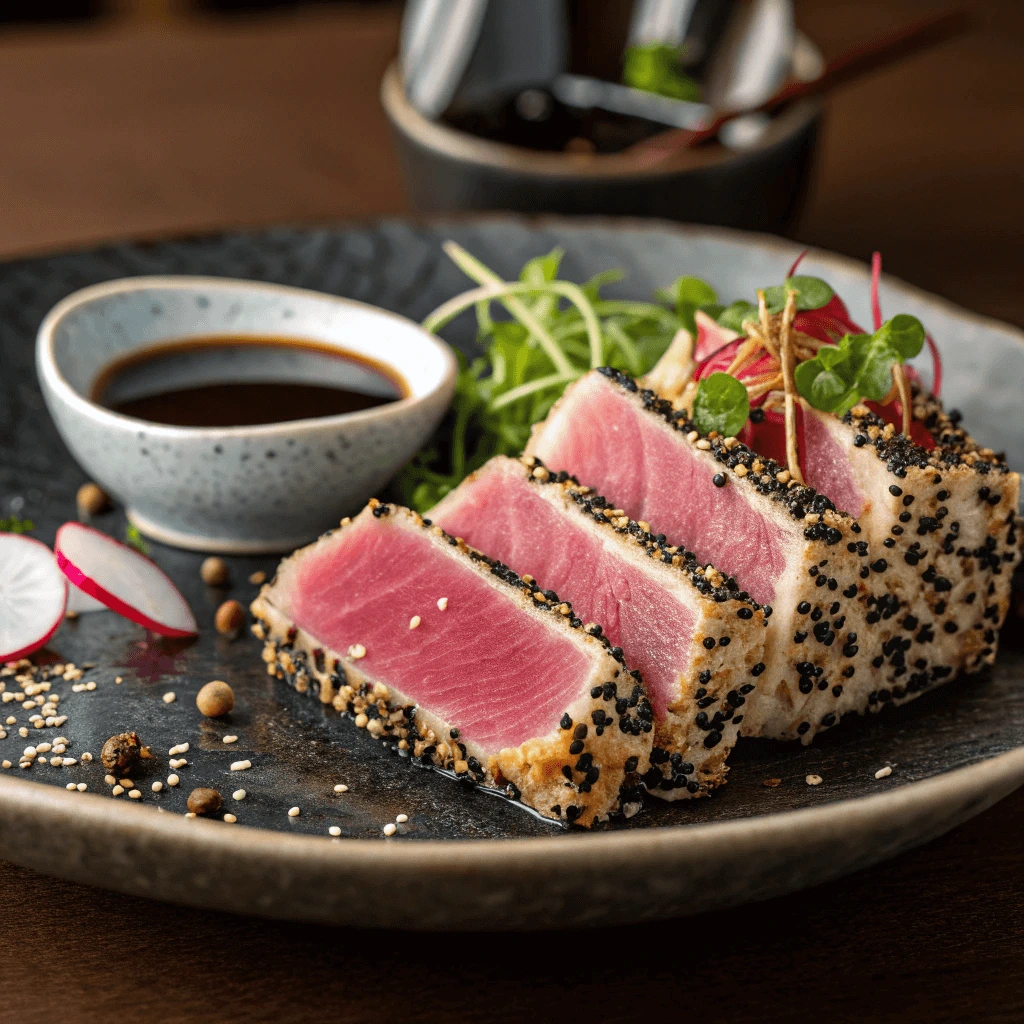 Seared ahi tuna slices on a plate with sesame seeds and a dipping sauce