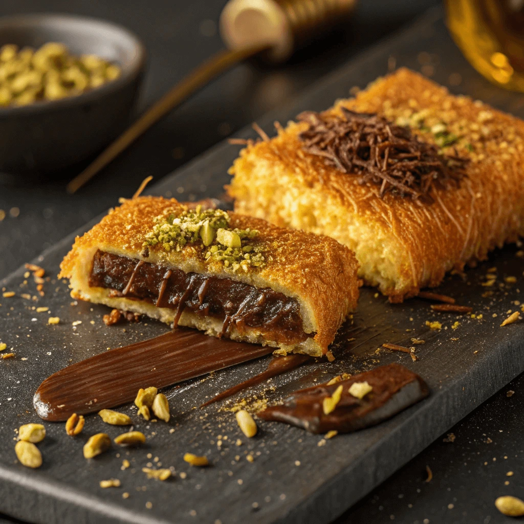 Sliced Knafeh Chocolate Bar revealing the creamy chocolate filling