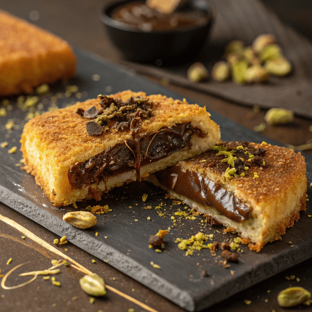 Knafeh Chocolate Bar with a golden semolina crust and melted chocolate filling