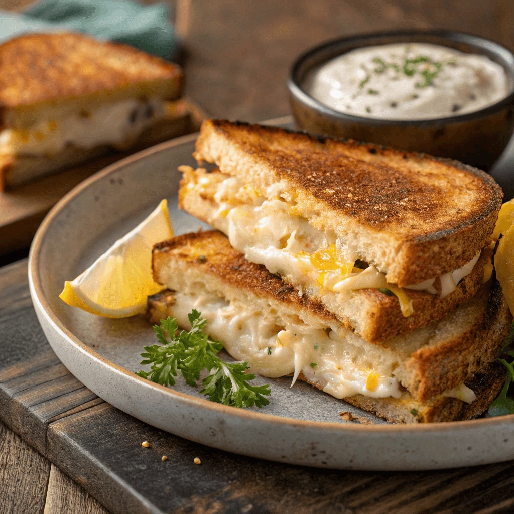 Maryland-inspired grilled cheese sandwich with crab meat, cheese, and seasoning.