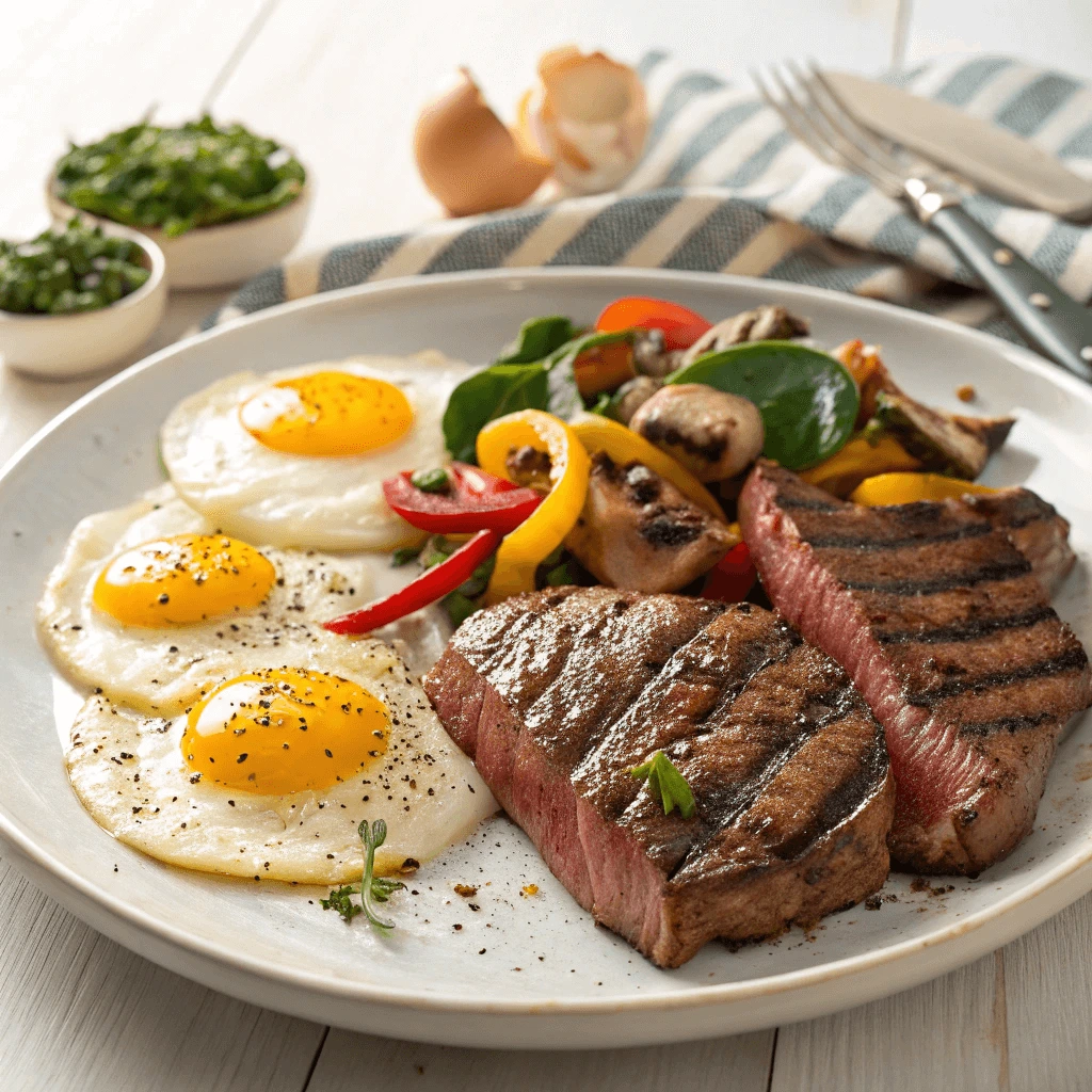 Grilled steak and scrambled eggs with sautéed vegetables.