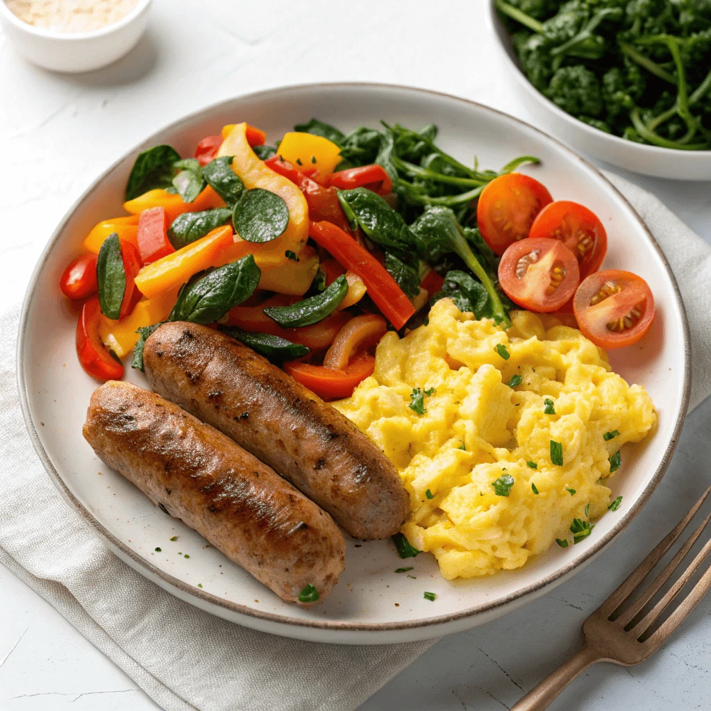 Healthy breakfast sausage links with vegetables and eggs.