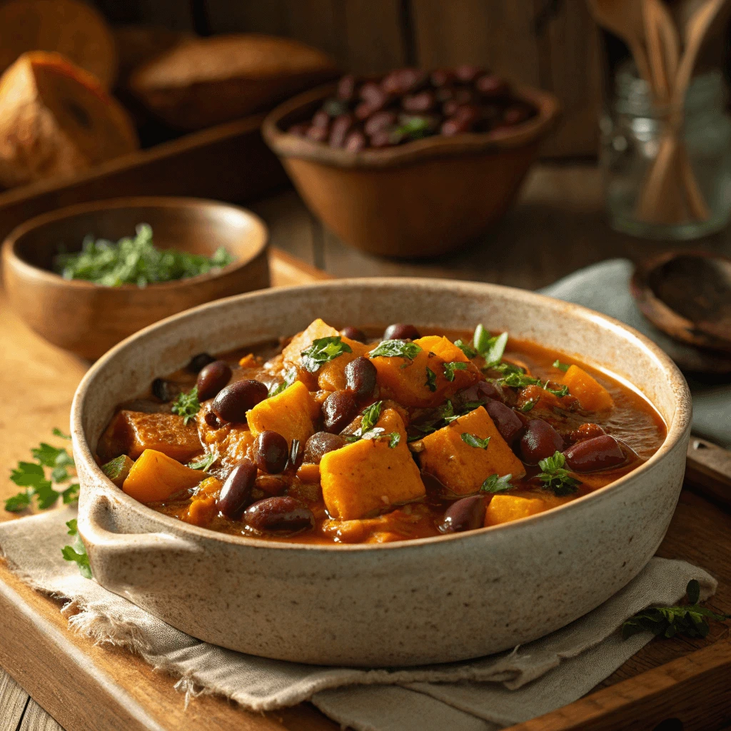 Quick and easy squash and kidney beans recipe served in a bowl with fresh herbs.