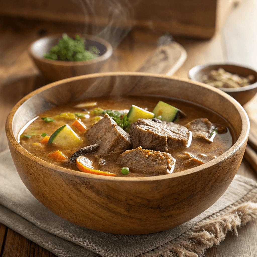 Hearty bowl of carnivore diet soup with beef, vegetables, and bone broth.