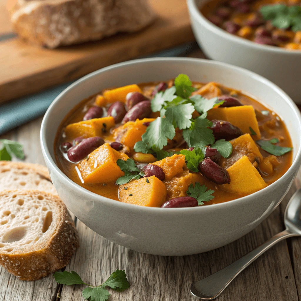 Squash and kidney beans stew garnished with cilantro and served with bread