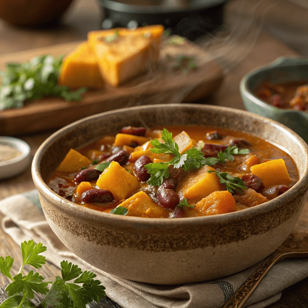 A hearty bowl of squash and kidney beans, garnished with fresh herbs,