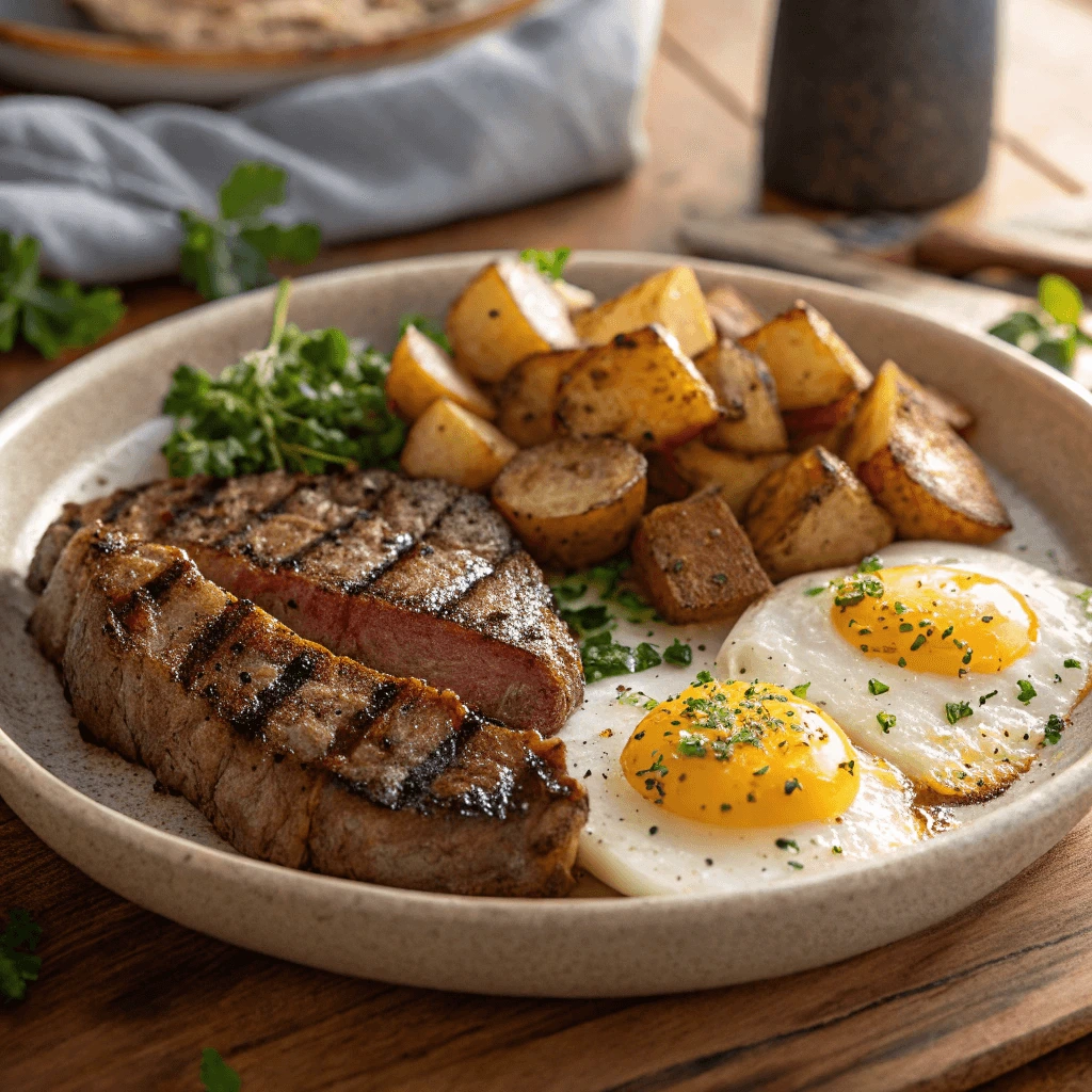 Close-up of steak and eggs plated with crispy potatoes.