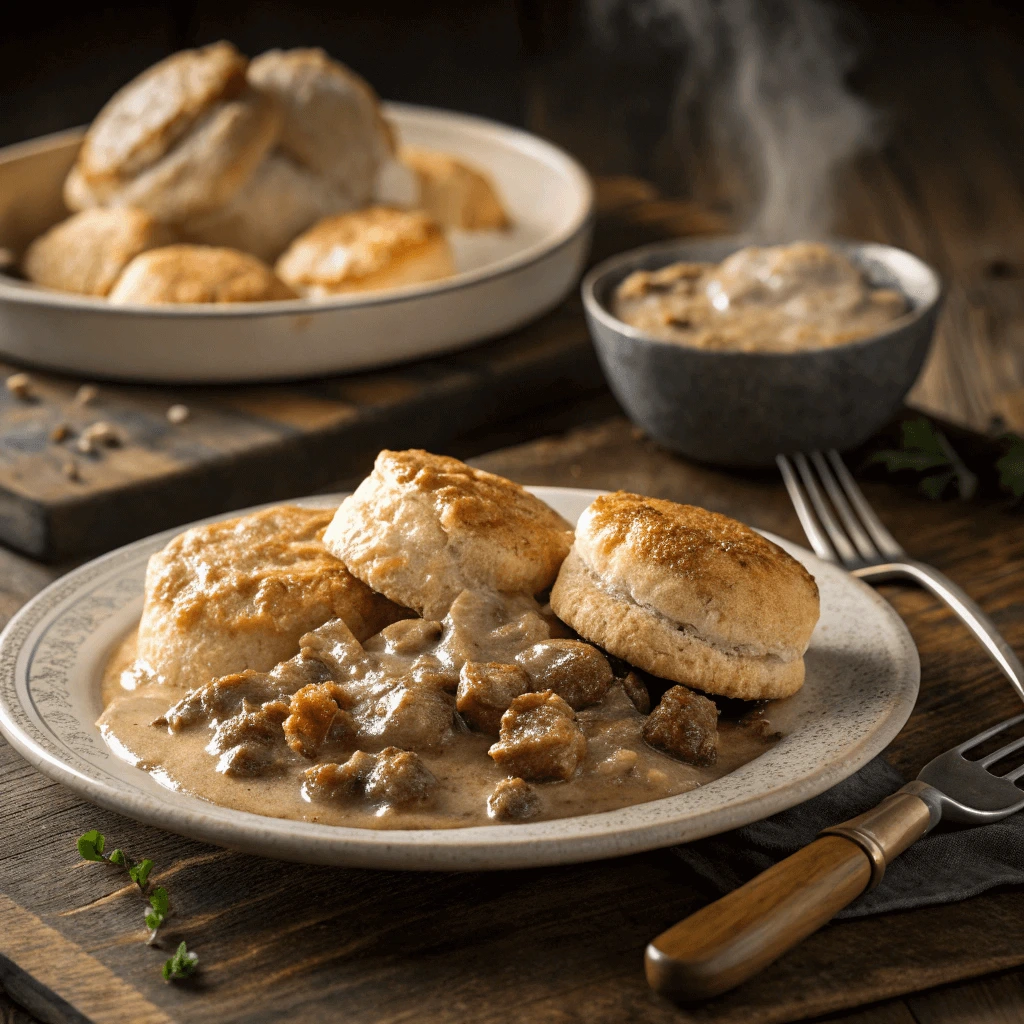 Homemade sausage turkey fat gravy being poured over biscuits