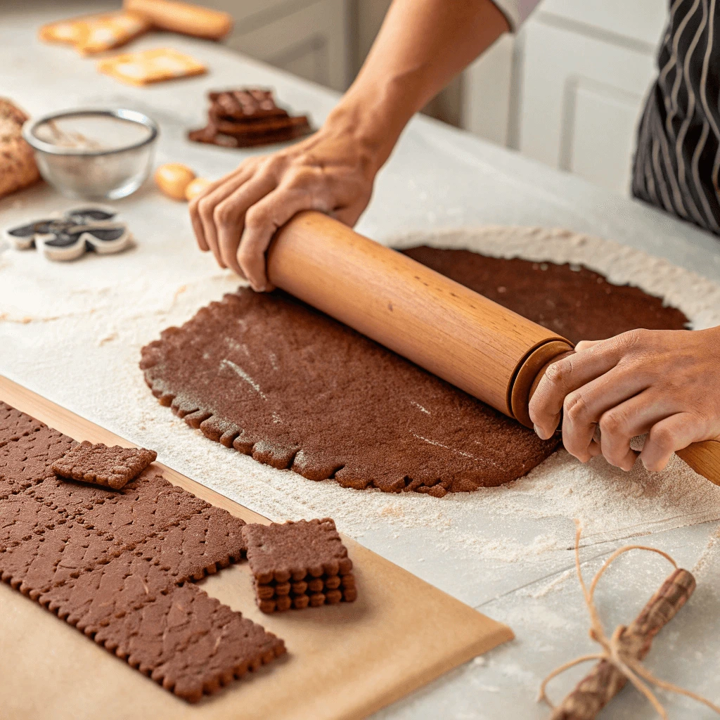 Rolling out dough to make chocolate graham crackers from scratch