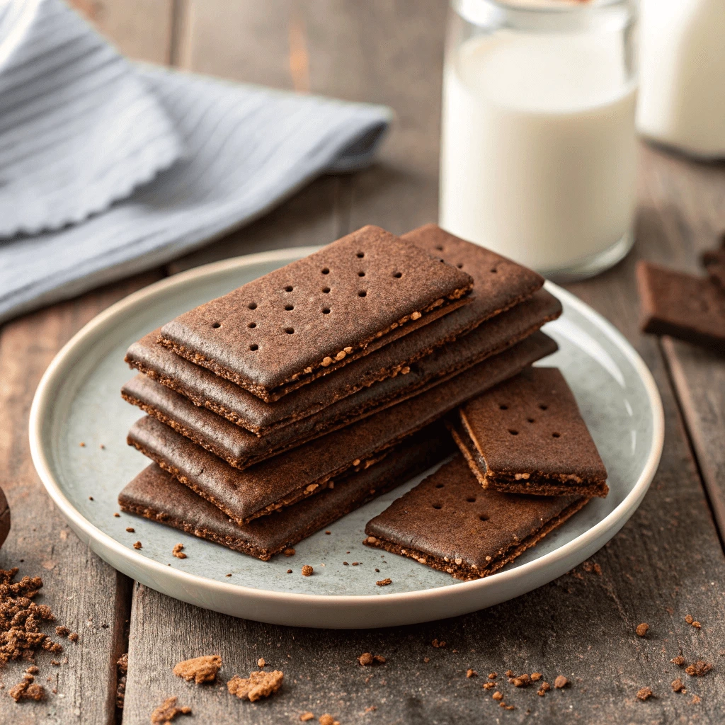 A plate of homemade chocolate graham crackers stacked neatly.