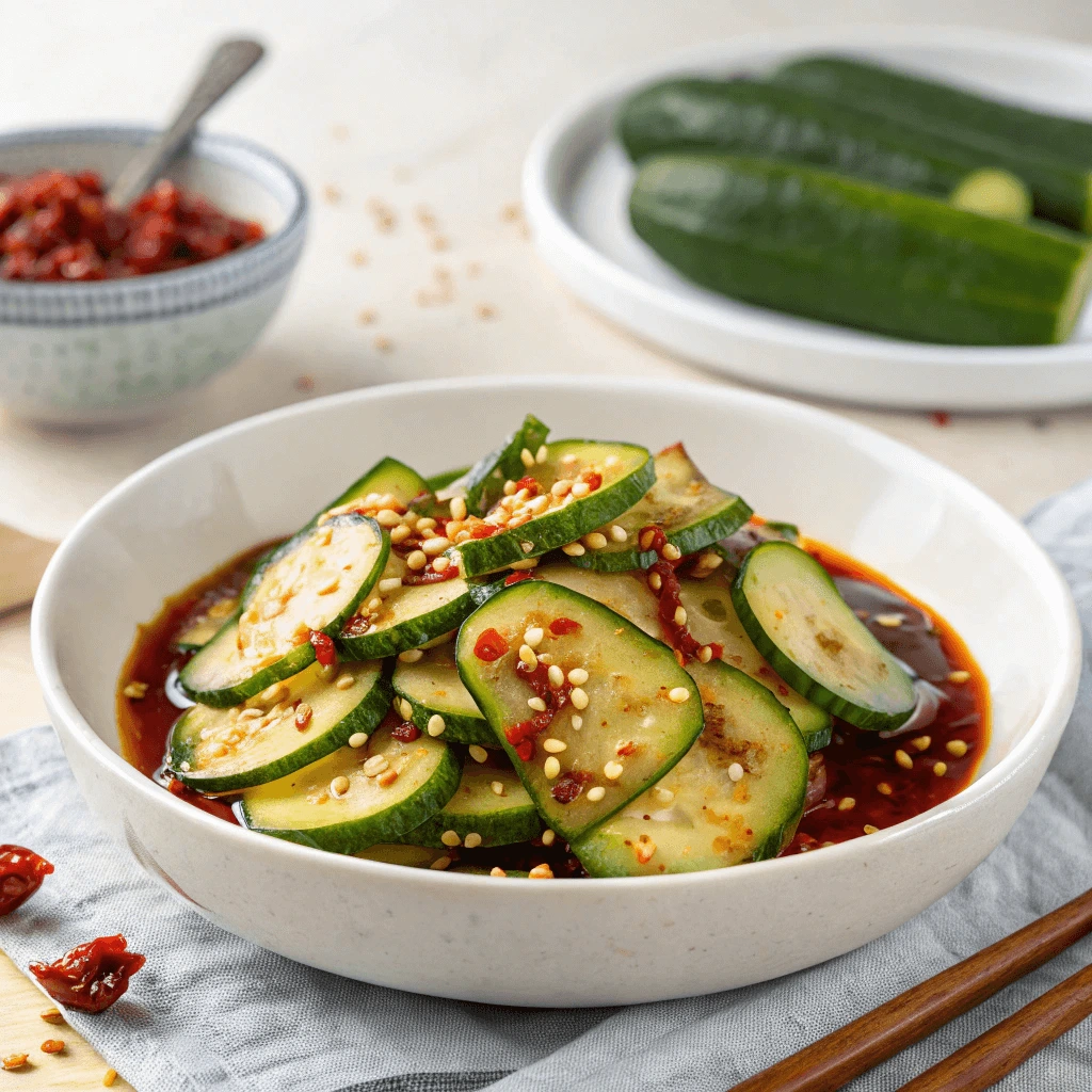 Homemade Din Tai Fung spicy cucumber salad with chili oil and sesame seeds