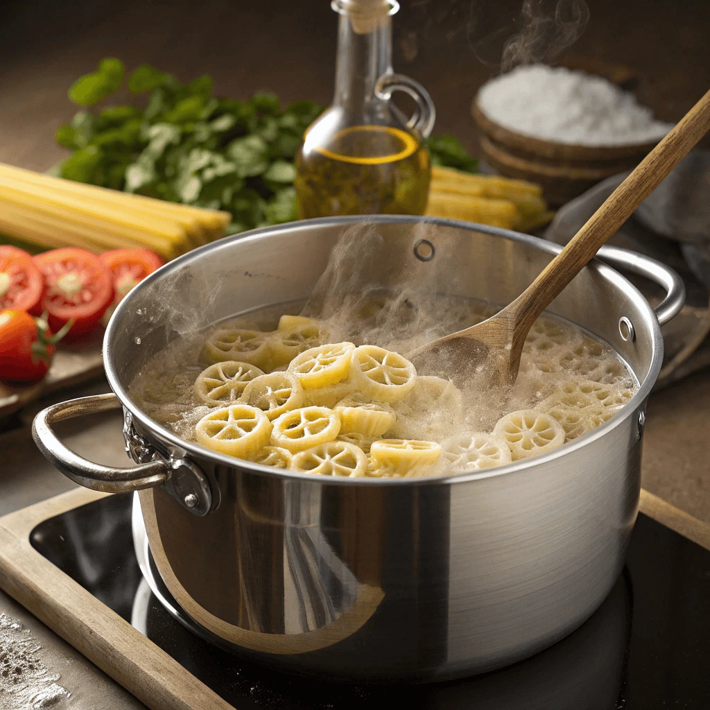 Wagon wheel pasta cooking in a pot of boiling water.