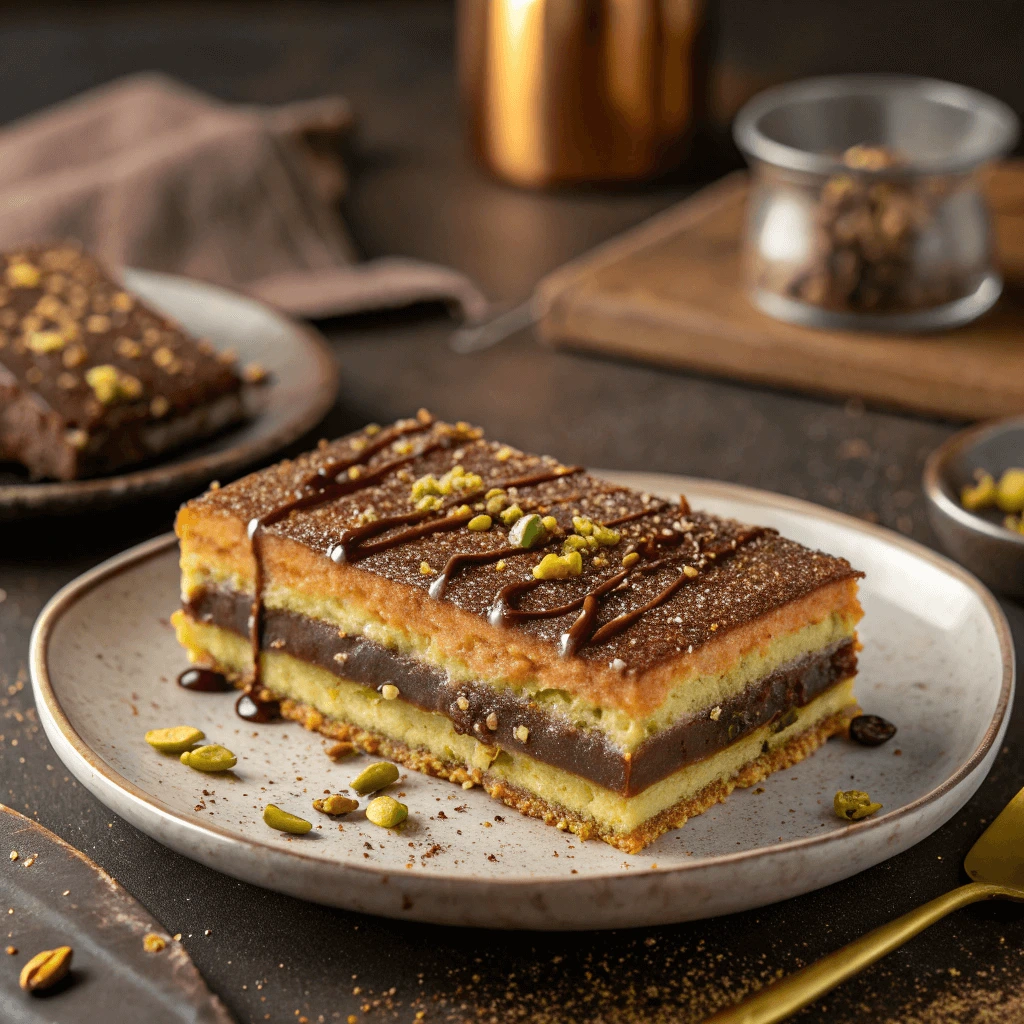 Layered Knafeh Chocolate Bar topped with syrup and pistachios