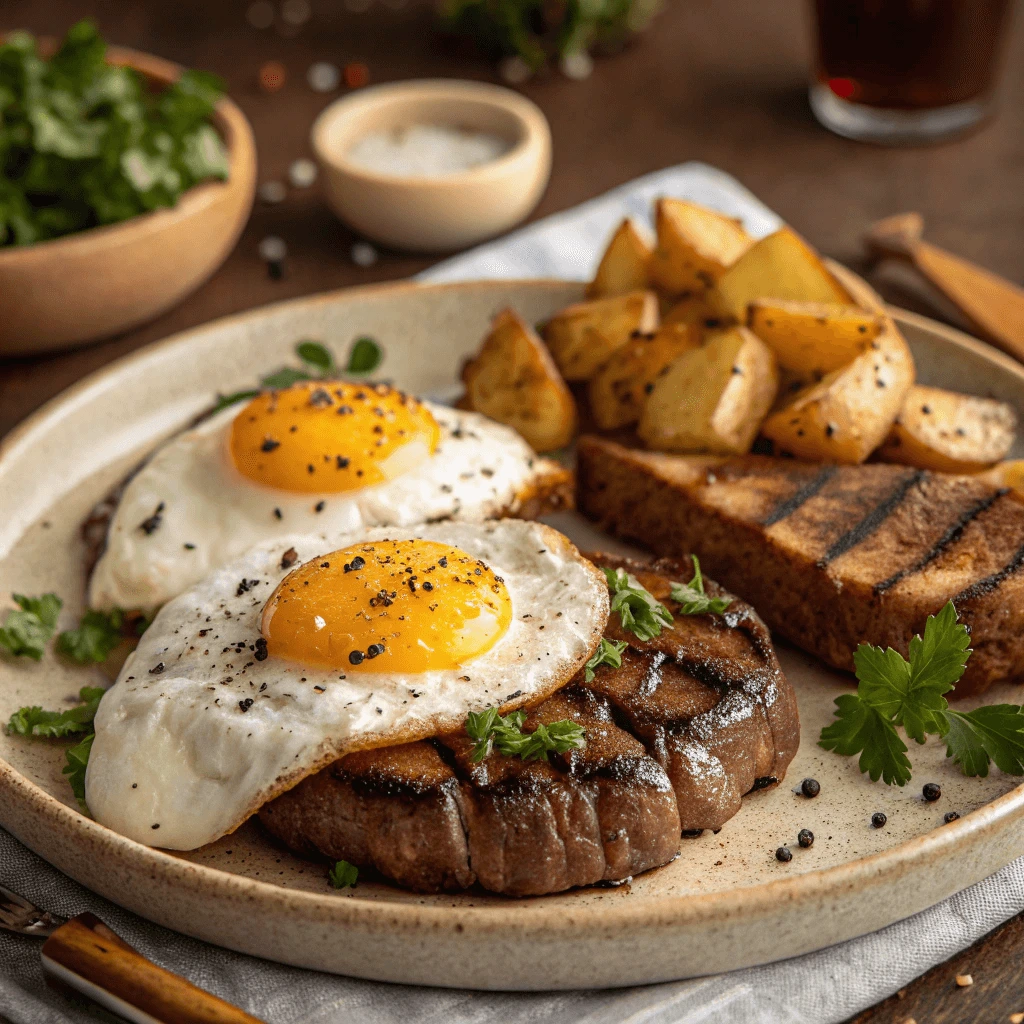 Fried eggs on top of a juicy steak