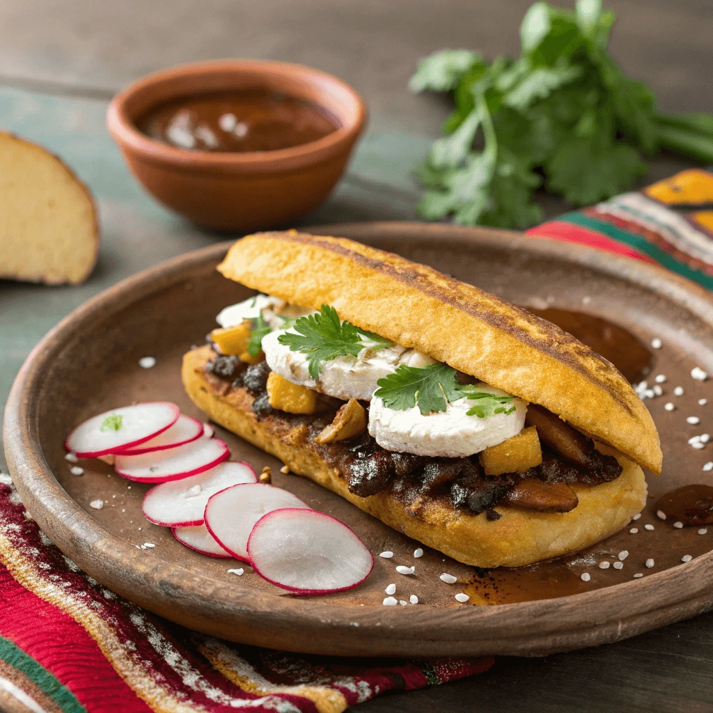 Close-up shot of a homemade Oaxacan plantain sandwich ready to serve