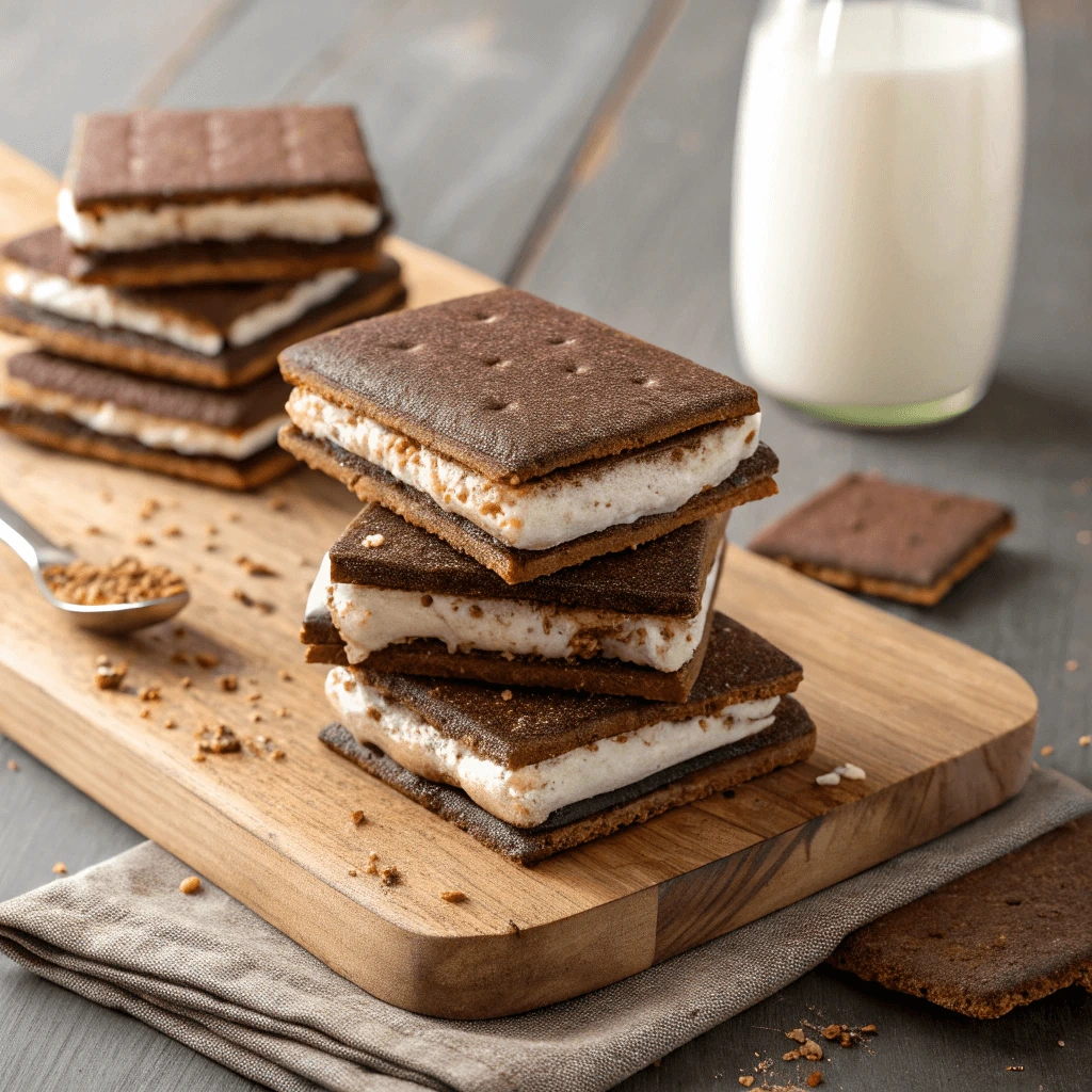 A plate of homemade chocolate graham cracker sandwiches with bite-sized portions.