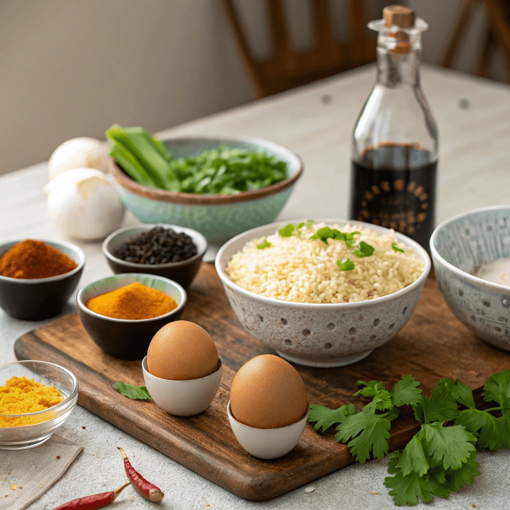 Anjappar Egg Fried Rice recipe ingredients arranged on a kitchen counter