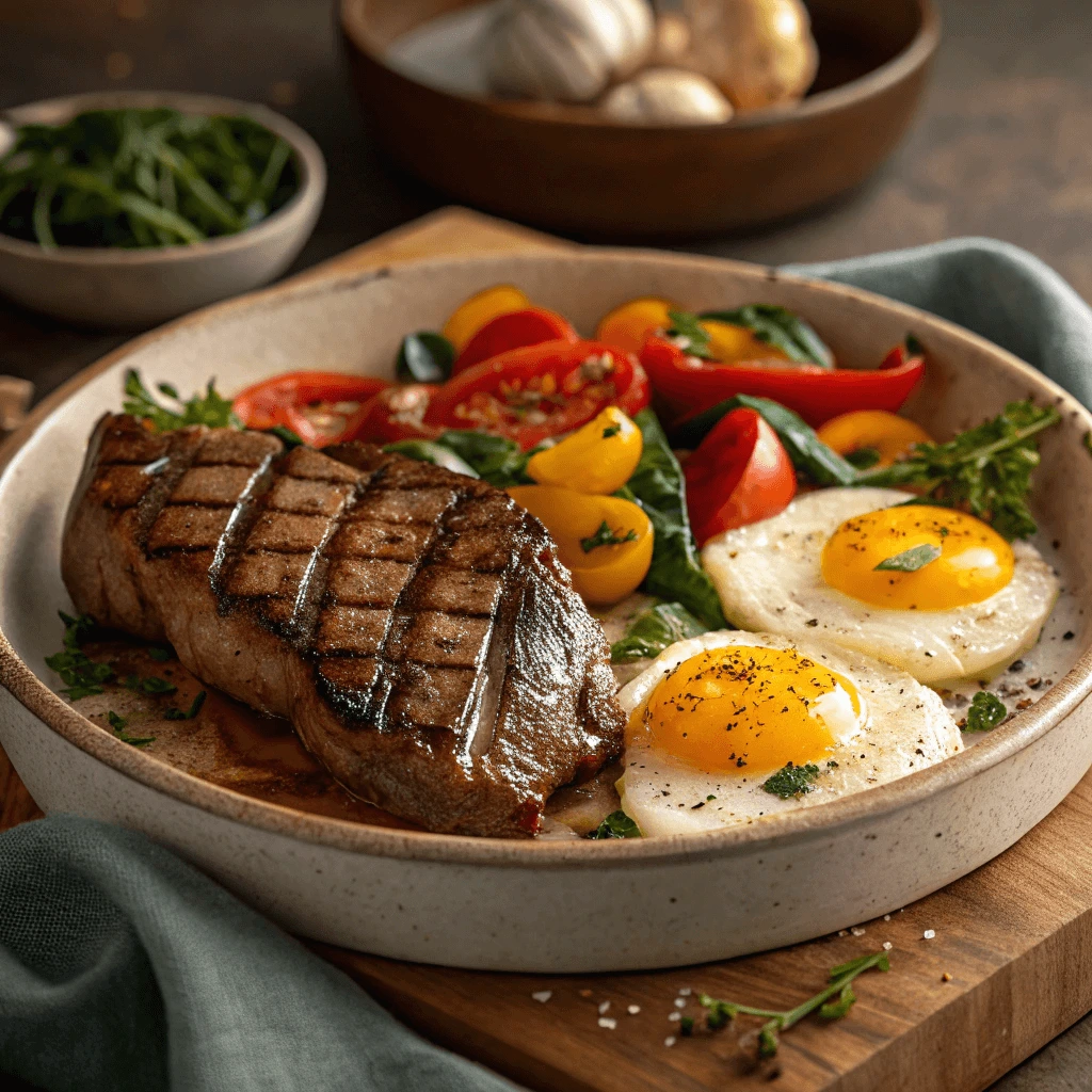 Steak and eggs with a side of fresh vegetables