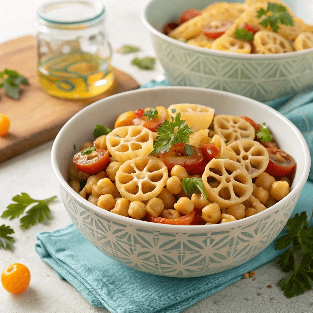 A hearty bowl of protein-packed wagon wheel pasta with chickpeas, 