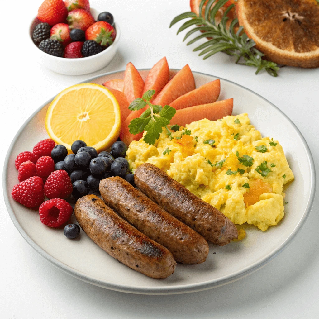 Grilled chicken sausage links on a plate with scrambled eggs and fruit