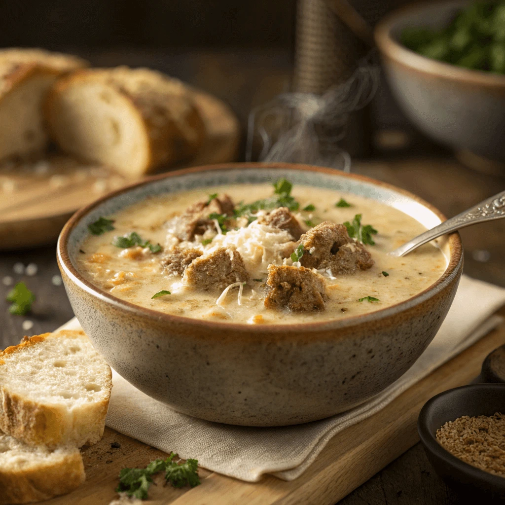 Creamy Parmesan Italian Sausage Soup served in a rustic bowl