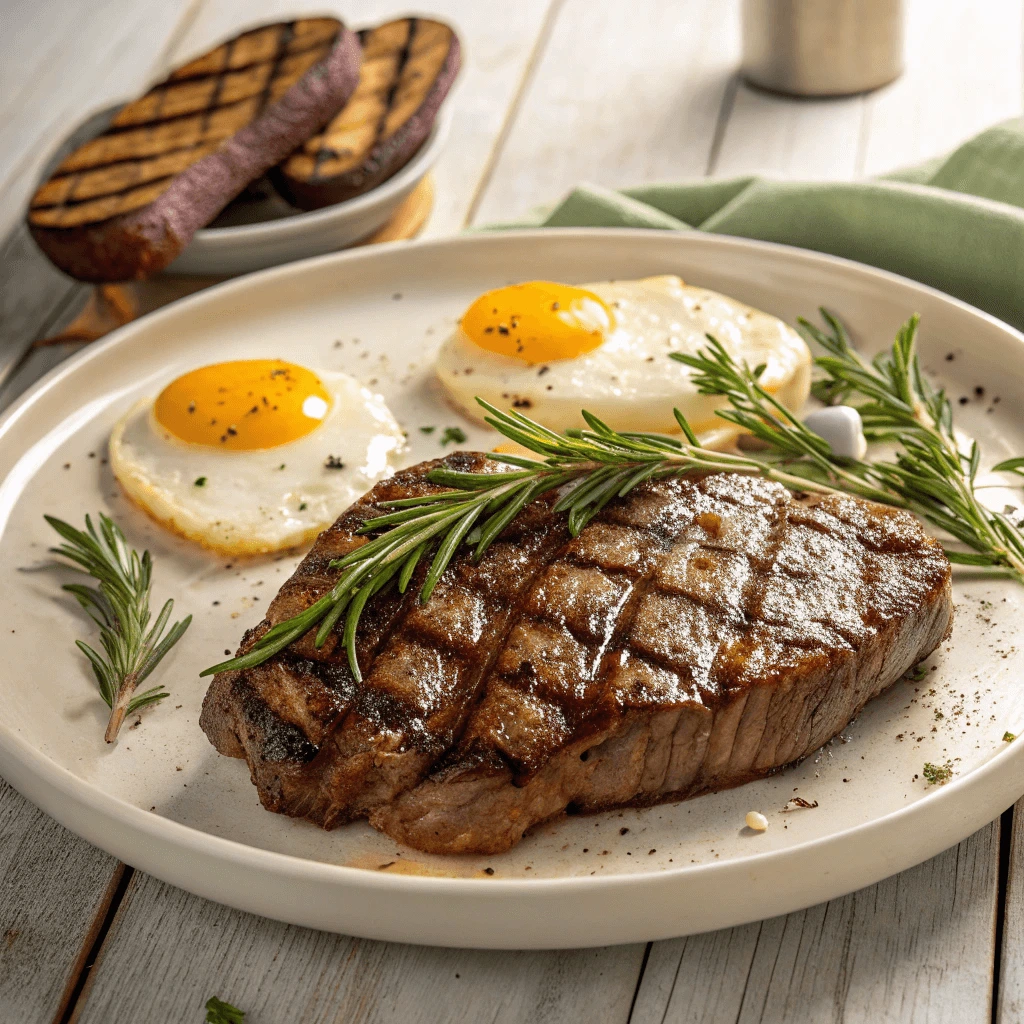 Juicy steak and sunny side up eggs on a plate with fresh herbs