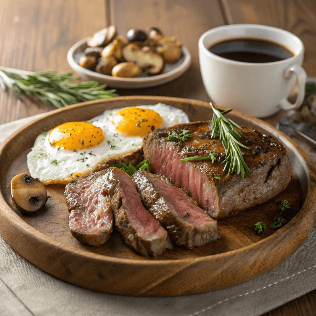 Perfectly cooked steak and eggs served on a breakfast plate