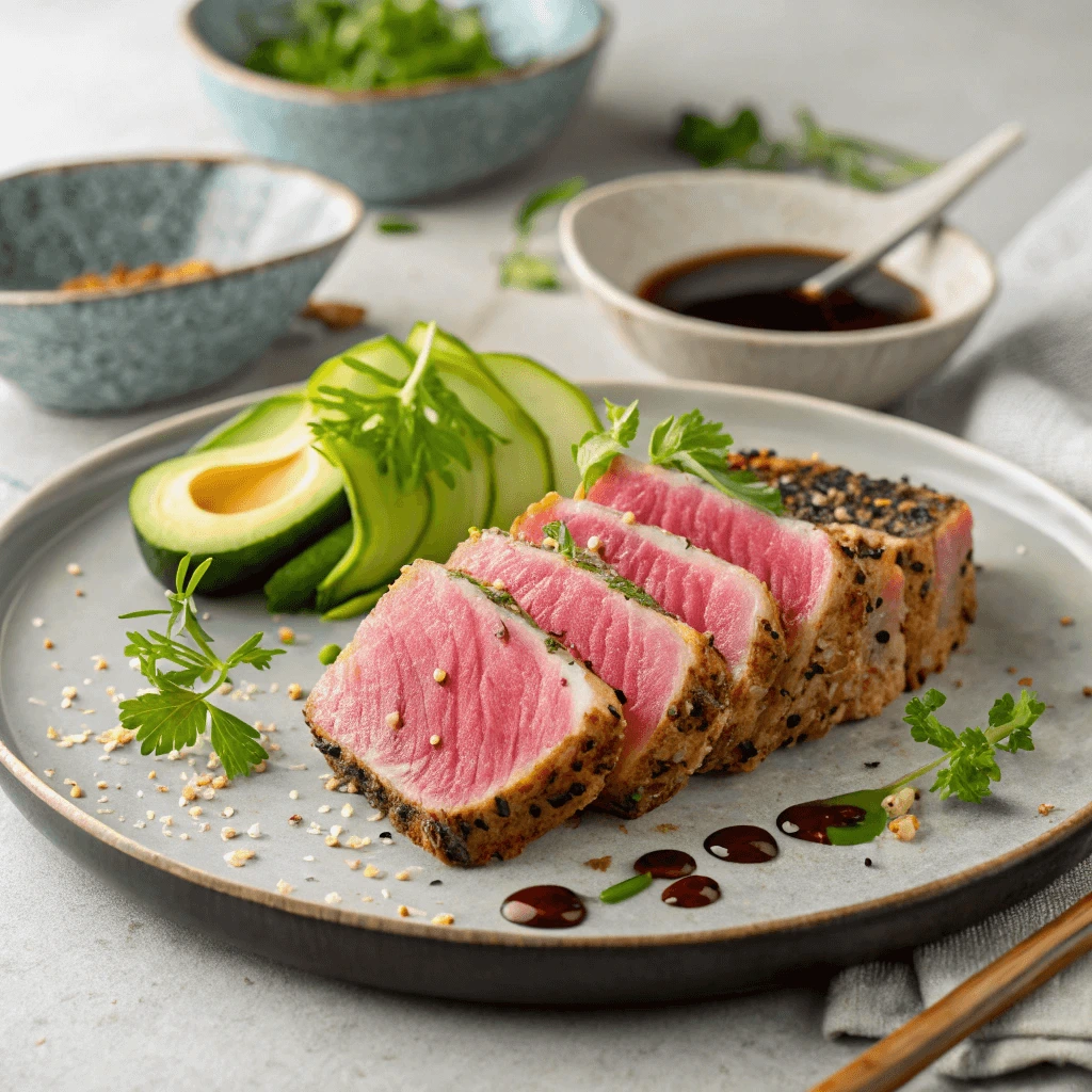 Seared Ahi tuna fillets on a plate garnished with fresh herbs.