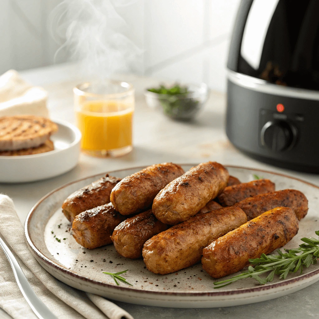 Air fryer basket filled with crispy, evenly browned breakfast sausage links.