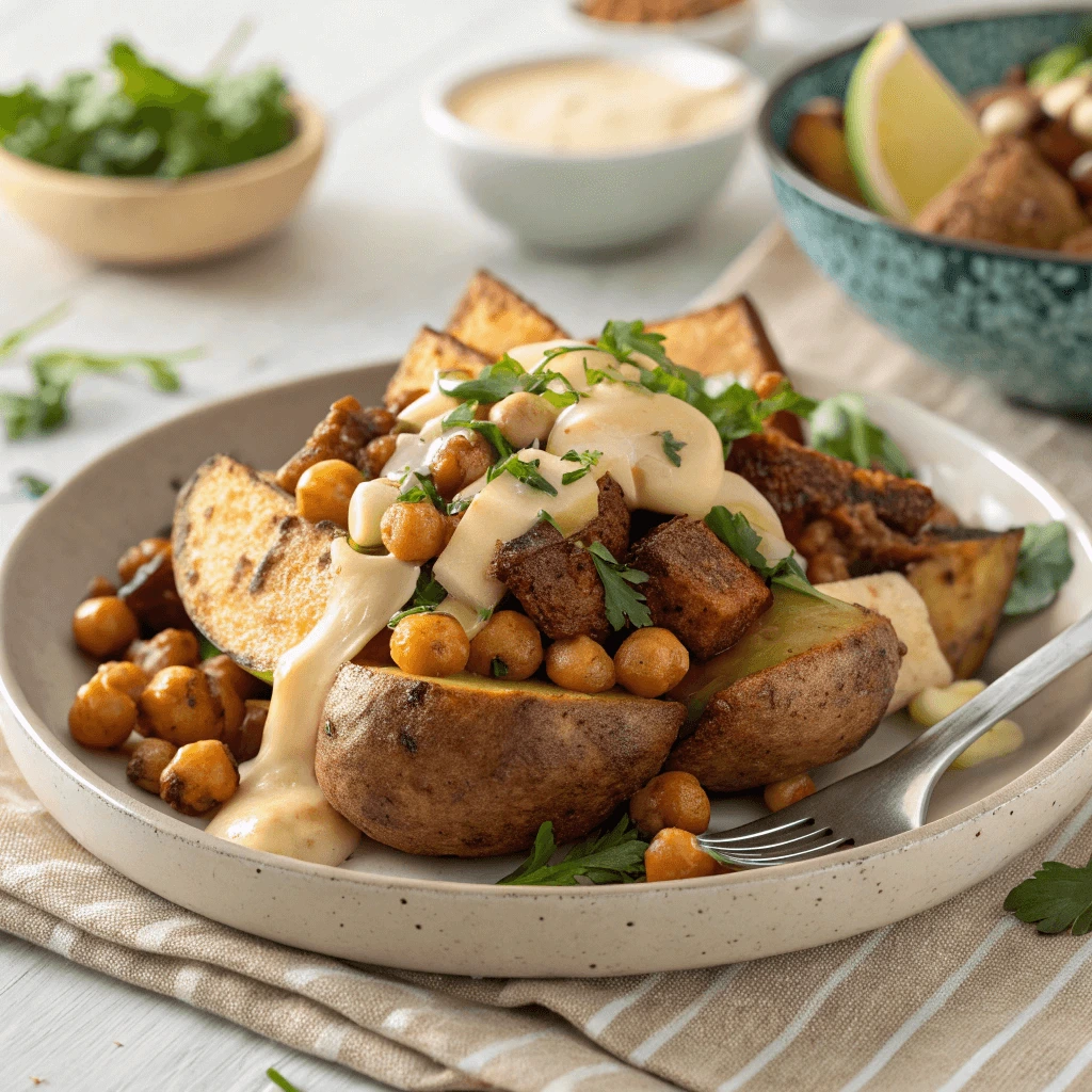 Smothered potatoes topped with plant-based proteins for a hearty, vegetarian meal