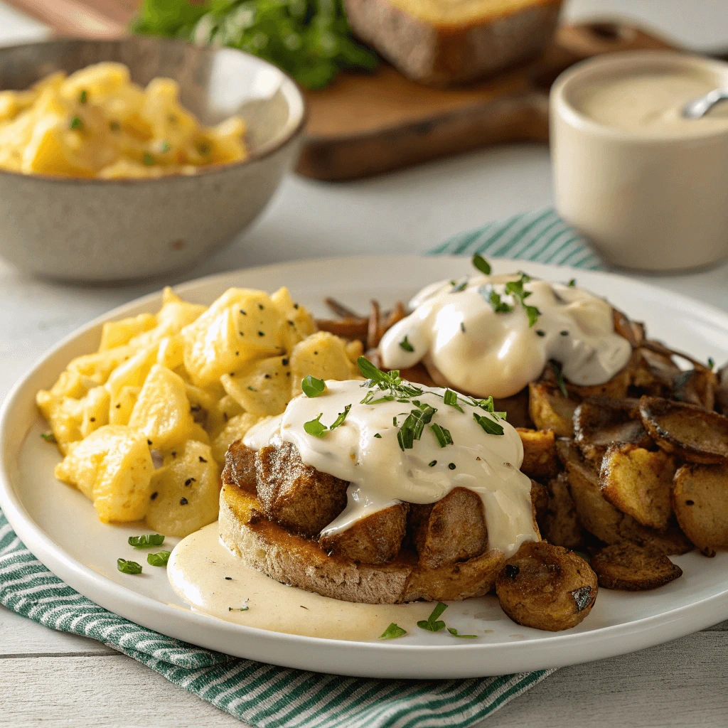 Smothered potatoes served alongside scrambled eggs for a hearty breakfast.