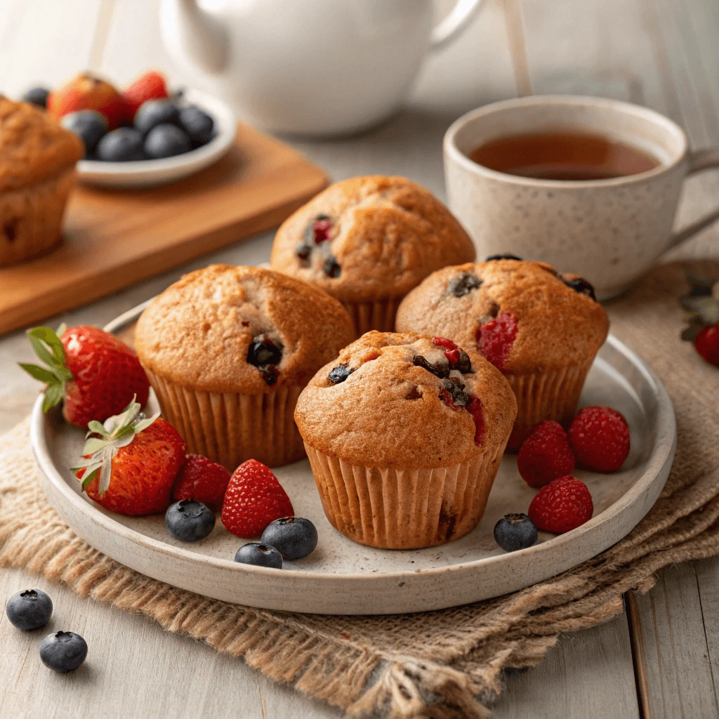  Freshly baked whole wheat muffins with berries on a plate.