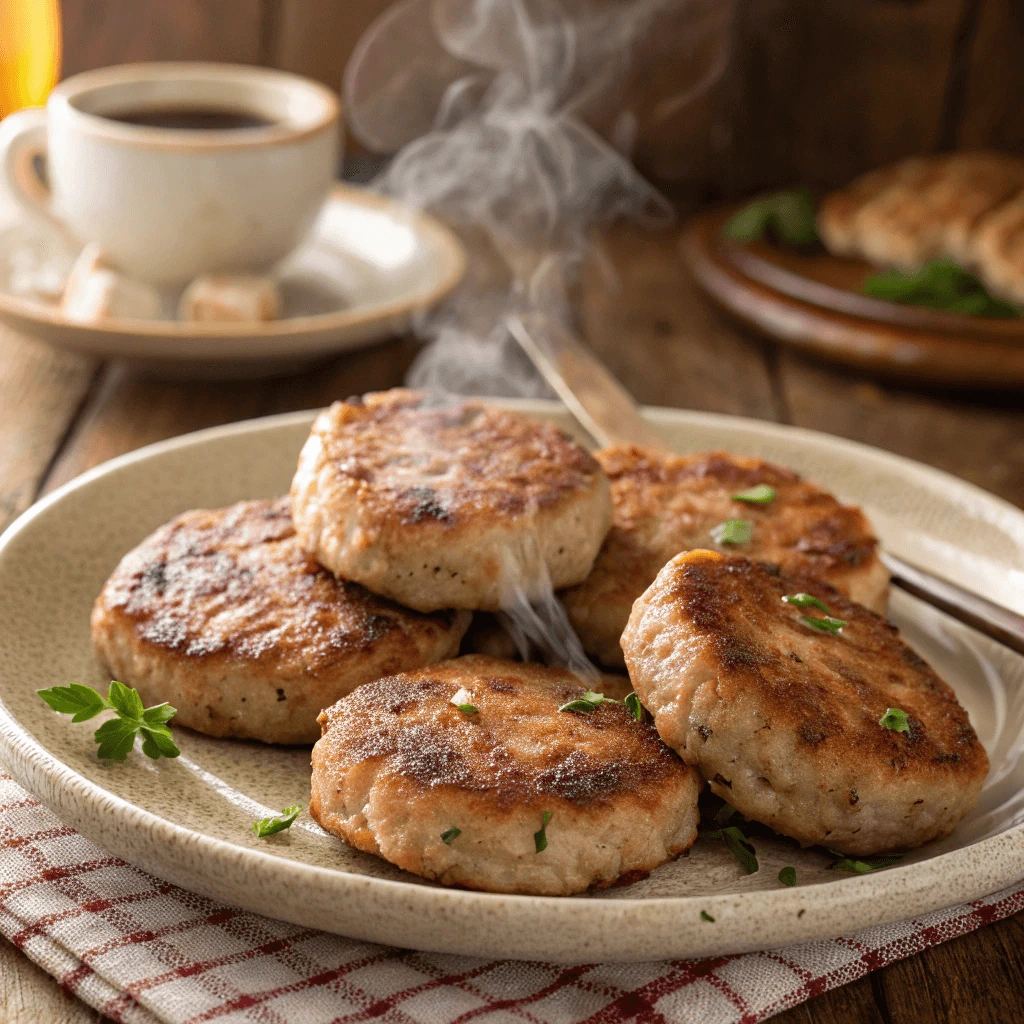 Freshly cooked turkey sausage patties served on a plate